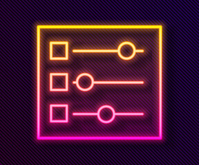Glowing neon line Car settings icon isolated on black background. Auto mechanic service. Repair service auto mechanic. Maintenance sign. Vector Illustration.
