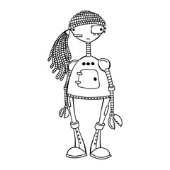 Vector illustration of a girl robot. Cartoon isolated on white background. Black outline. Hand drawing coloring book for children and adults. Design for cards, flyers, brochures. Vector. Eps 8.
