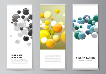 Vector layout of roll up mockup templates for vertical flyers, flags design templates, banner stands, advertising mockup. Abstract futuristic background with colorful 3d spheres, glossy bubbles, balls
