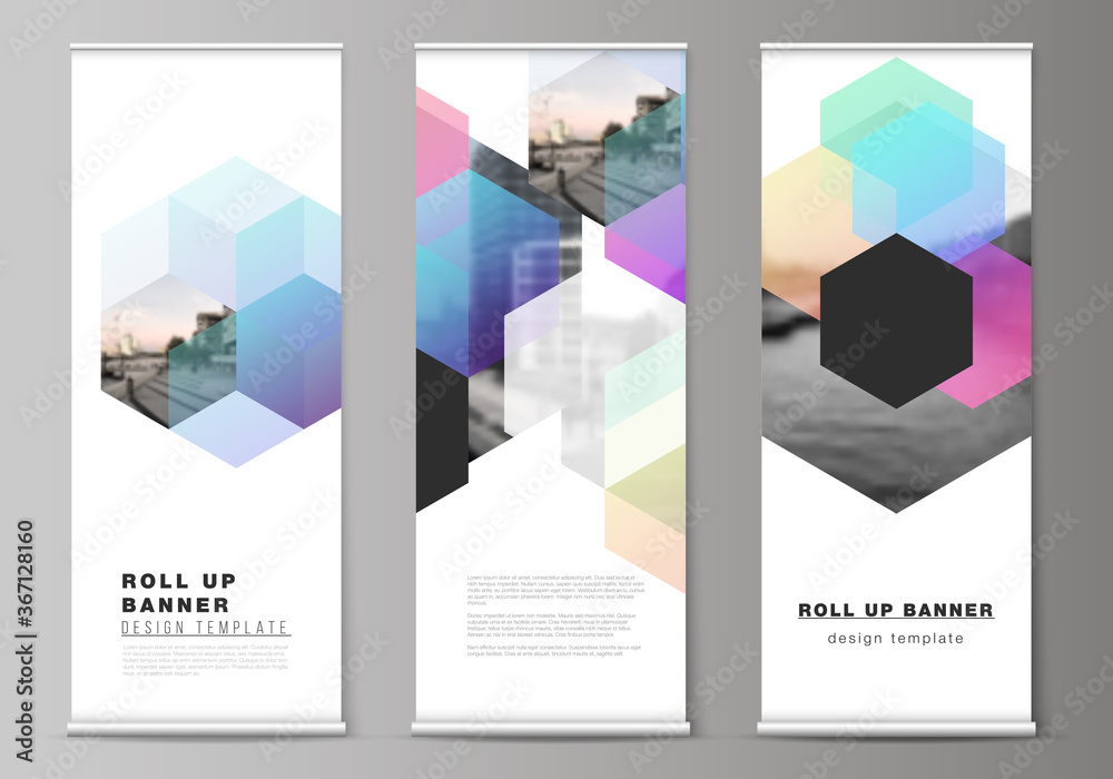 Wall mural vector layout of roll up mockup design templates with colorful hexagons, geometric shapes, tech back