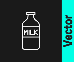 White line Closed glass bottle with milk icon isolated on black background. Vector Illustration.