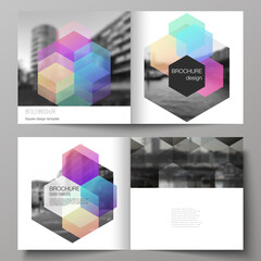 Vector layout of two covers templates with colorful hexagons, geometric shapes, tech background for square design bifold brochure, flyer, magazine, cover design, book design, brochure cover.