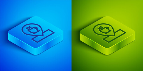 Isometric line Location with coffee cup icon isolated on blue and green background. Square button. Vector Illustration.