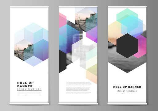 Vector layout of roll up mockup design templates with colorful hexagons, geometric shapes, tech background for vertical flyers, flags design templates, banner stands, advertising design mockups.