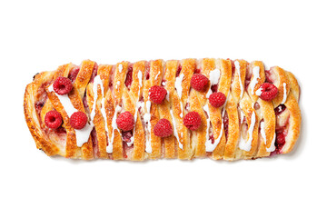 Braided raspberry danish pastry with glaze and fresh berries. isolated on a white background