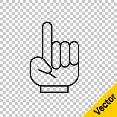 Black line Number 1 one fan hand glove with finger raised icon isolated on transparent background. Symbol of team support in competitions. Vector Illustration.