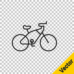 Fototapeta na wymiar Black line Bicycle icon isolated on transparent background. Bike race. Extreme sport. Sport equipment. Vector Illustration.