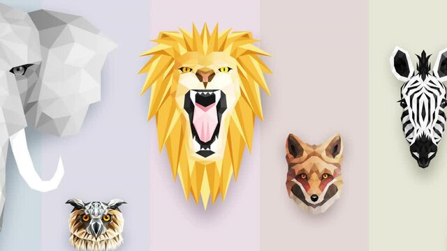 Collection of different animals. Zoo symbol. Low polygon icons. Lion, Gorilla, Zebra, Raccoon, Fox, Elephant, Deer, Owl. Geometric loop animation set.