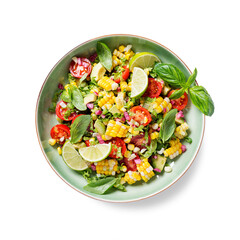 Colorful Corn Tomato Avocado Salad. Top view. Isolated on a white background