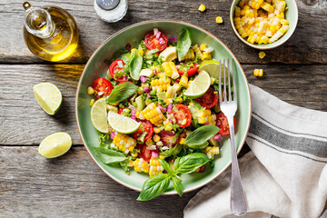 Colorful Corn Tomato Avocado Salad. Top view