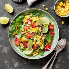 Colorful Corn Tomato Avocado Salad. Top view