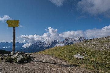 Waymark on the Carnic Peace Trail from Sillianer refuge to Obstansersee refuge alon the Carnic Alps high ridge, along the Austria-Italian border, Carnic Highroute trek, South Tyrol, Austria.
