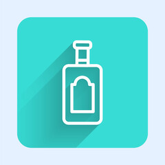 White line Whiskey bottle icon isolated with long shadow. Green square button. Vector Illustration.