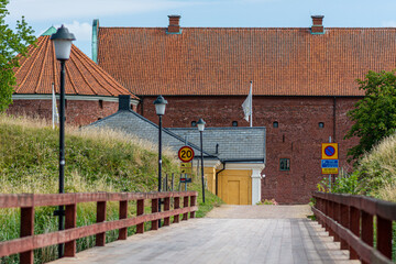 The bridge crossing the moat protecting an old castle in Landskrona, southern Sweden. The castle was initially built by Christian III of Denmark 1549–1559 as a fortification with two complete moats