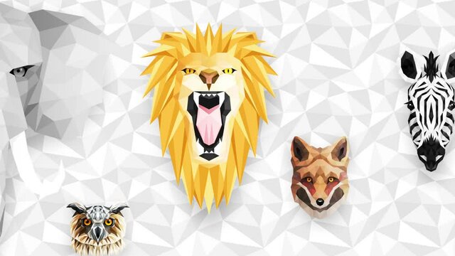 Collection of different animals. Zoo symbol. Low polygon icons. Lion, Gorilla, Zebra, Raccoon, Fox, Elephant, Deer, Owl. Geometric loop animation set.