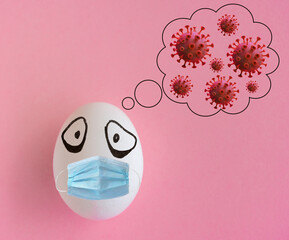 Egg wearing mask to prevent coronavirus covid 19 pandemic, social phobia to get infected by corona virus illness concept