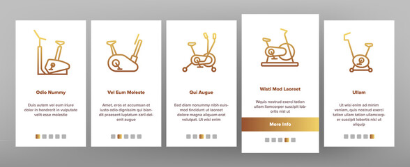 Fototapeta premium Exercise Bike Sport Onboarding Mobile App Page Screen Vector. Bike Sportive Equipment, Gym And Fitness Physical Training Health Activity Tool Illustrations