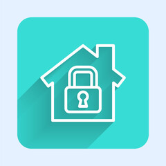 White line House under protection icon isolated with long shadow. Home and lock. Protection, safety, security, protect, defense concept. Green square button. Vector Illustration.