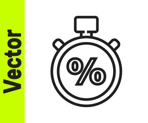 Black line Stopwatch and percent icon isolated on white background. Time timer sign. Vector Illustration.