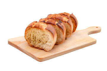 Tasty Italian food and vegetarian snack concept with photograph of garlic bread on wooden platter isolated on white background with clipping path cutout