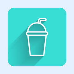 White line Paper glass with drinking straw and water icon isolated with long shadow. Soda drink glass. Fresh cold beverage symbol. Green square button. Vector Illustration.