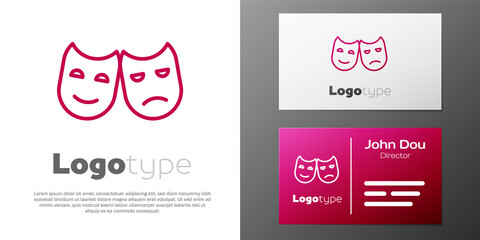 Logotype line Comedy and tragedy theatrical masks icon isolated on white background. Logo design template element. Vector Illustration.