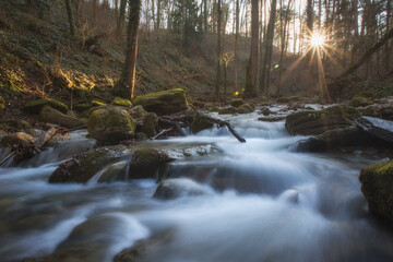 Mountain river. Rapid flow of a mountain river. Beautiful landscape with river and sun.