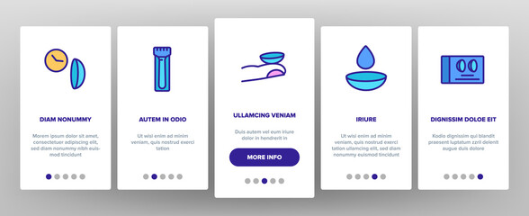 Contact Lens Accessory For Vision Onboarding Mobile App Page Screen Vector. Contact Lens Package And In Glass With Liquid, Bottle With Dropper And Medicine Illustrations