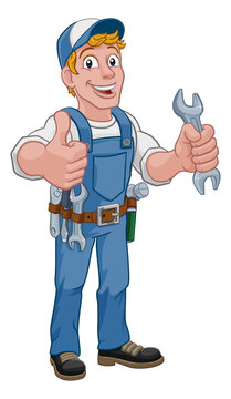 Mechanic plumber maintenance handyman cartoon mascot man holding a wrench or spanner. Giving a thumbs up