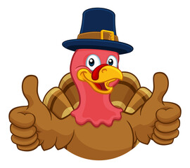 Pilgrim Turkey Thanksgiving bird animal cartoon character wearing a pilgrims hat giving a thumbs up