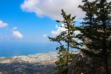 Fototapeta na wymiar View from the castle of Saint Hilarion on the city of Kyrenia and the Mediterranean sea. Cyprus.