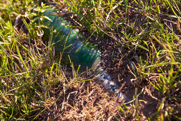 Glass bottle thrown out in nature and buried in the ground, environmental pollution.