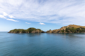 Fototapeta premium View from the Inter-Island ferry of a couple of islands in the Cook Strait in New Zealand.