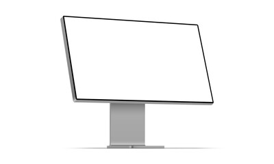 Modern desktop PC mockup with blank screen isolated on white background, perspective side view. Vector illustration