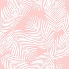 Tropical pattern, palm leaves seamless vector floral background. Exotic plant on stripes. spring nature jungle print. Leaves of palm tree on paint lines. ink brush strokes. pink girly pattern.