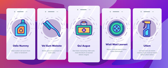 Car Accessories Tool Onboarding Mobile App Page Screen Vector. Car Battery And Brush, Vacuum Cleaner And Jack, Wrench And Pump, Mirror And Mat Illustrations