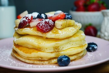 Homemade Fluffy Stacked Pancakes , selective focus