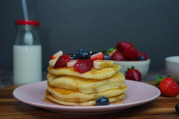 Homemade Fluffy Stacked Pancakes , selective focus