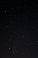 Comet Neowise in the black starry night sky. The sky of the Northern hemisphere at night, various constellations, comets and cosmic celestial bodies. Night sky, space.