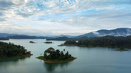 Aerial view of Kenyir Lake in the morning.