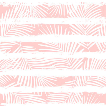 Tropical pattern, palm leaves seamless vector floral background. Exotic plant on stripes. spring nature jungle print. Leaves of palm tree on paint lines. ink brush strokes. pink girly pattern.