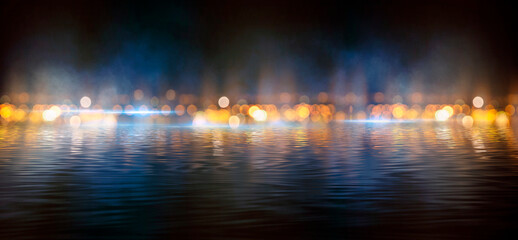 Dark abstract background with bokeh. Reflection in the water of bright blurry lights. Smoke, fog.