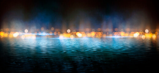 Dark abstract background with bokeh. Reflection in the water of bright blurry lights. Smoke, fog.