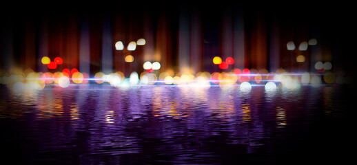 Naklejka premium Dark abstract background with bokeh. Reflection in the water of bright blurry lights. Smoke, fog.