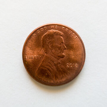 Metal Money Or Coin Isolated On White Background, Currency Or Monet Of United States Of America, American One Cent Obverse.