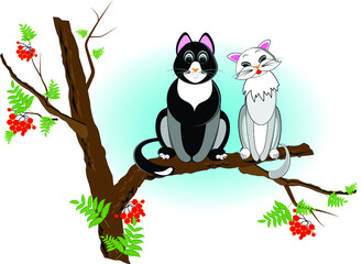 A big black cat and a cute gray pussycat are sitting on a branch of a rowan tree - the concept of love and friendship. Vector illustration for design.