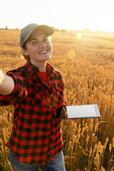 Woman farmer with digital tablet makes selfie on the background of a wheat field.  © scharfsinn86