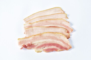  steamed slice pork bacon arranging on white background