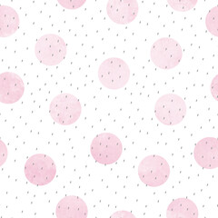 Vector seamless pattern of pink watercolor circles and brush strokes on a white background