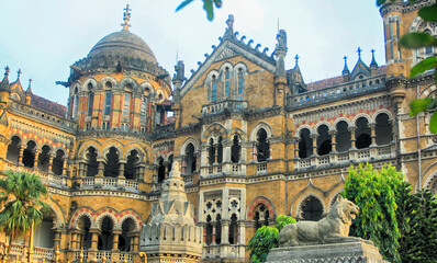 Fototapeta na wymiar The iconic landmark of the Chhatrapati Shivaji Maharaj Terminus (CSMT), formerly Victoria Terminus - a railway station in Mumbai. Victorian Gothic Revival architecture. World Heritage site